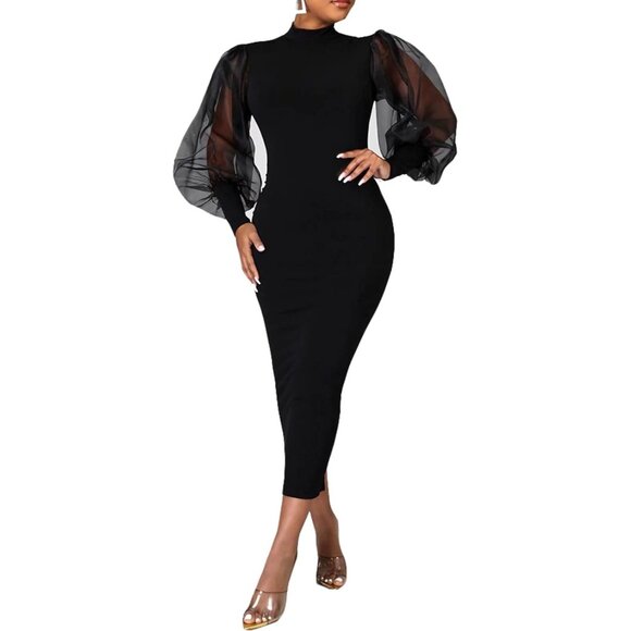Women's Sheer Mesh Bodycon Dress Long Sleeve Party Midi Clubwear